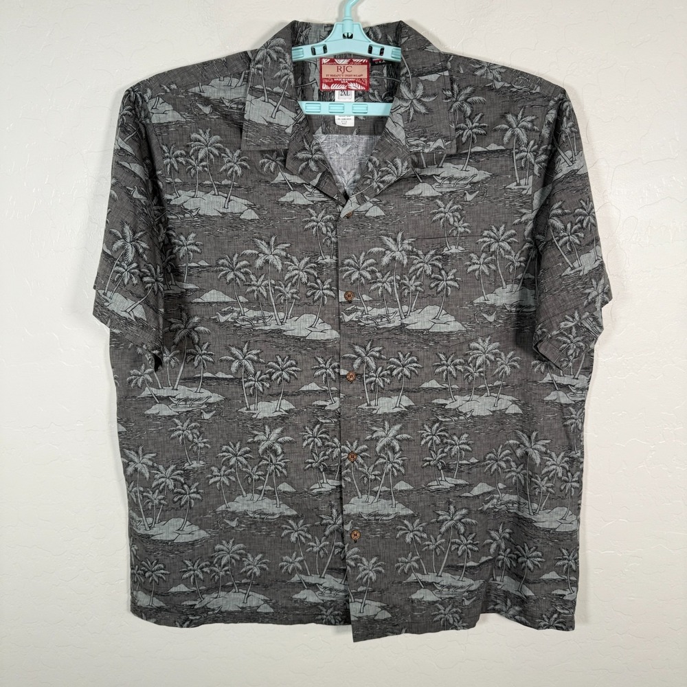 RJC Shirt Mens 2XL Gray Hawaiian Camp Island Floral Palms Ocean Beach Aloha
